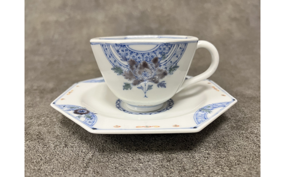 九谷焼&nbsp;カップ＆ソーサー&nbsp;染付花/三浦晃禎作&nbsp;焼き物&nbsp;民芸品&nbsp;工芸品&nbsp;食器
