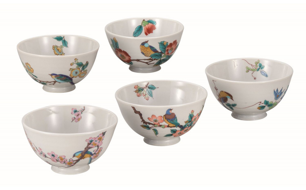 九谷焼　&nbsp;5客軽量飯碗　花鳥絵変り　a02