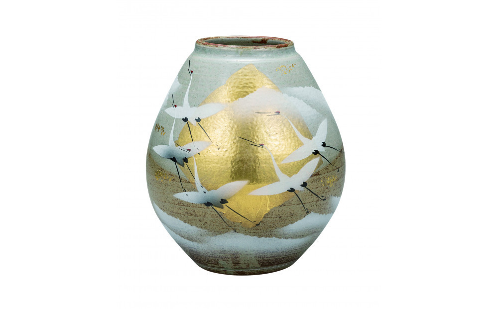 九谷焼　7.5号花瓶　金箔群鶴　山田登陽志&nbsp;a05