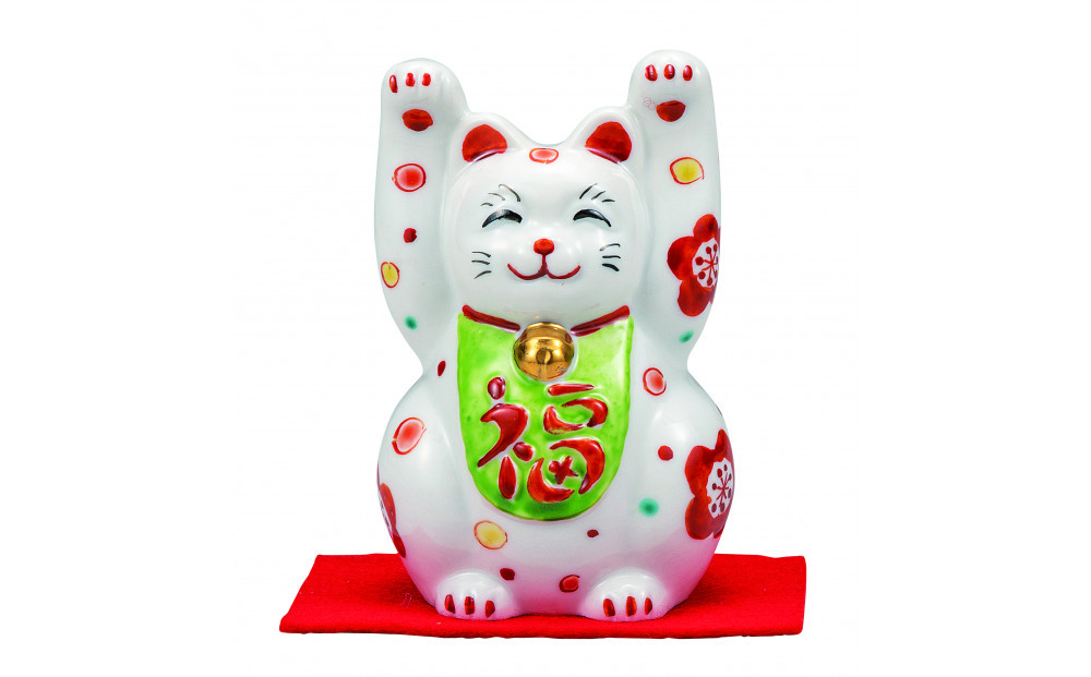 九谷焼　3号両手招き猫　花文（敷物付）&nbsp;a05