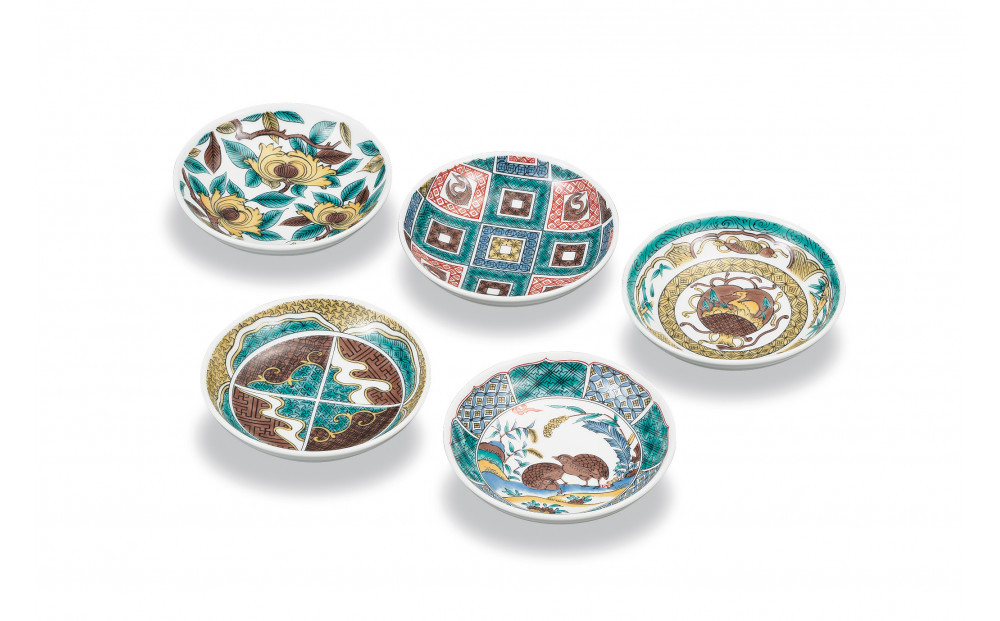 九谷焼&nbsp;4.2号皿揃&nbsp;古九谷風名品絵変わり（5枚セット）&nbsp;a01&nbsp;焼き物&nbsp;民芸品&nbsp;工芸品