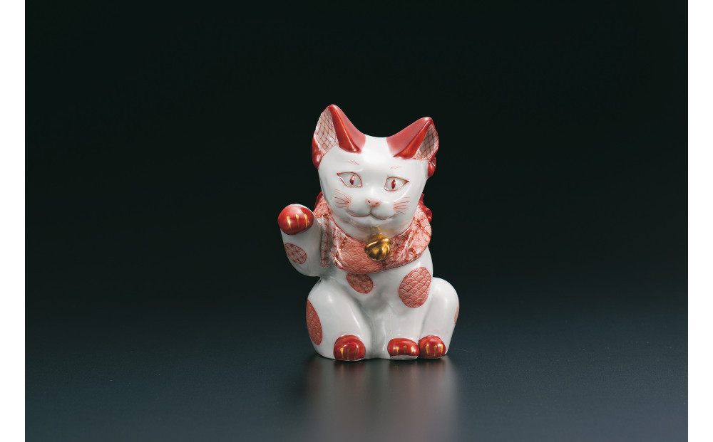 九谷焼　4号招き猫　赤絵細描丸紋　福島礼子作&nbsp;a05&nbsp;工芸品
