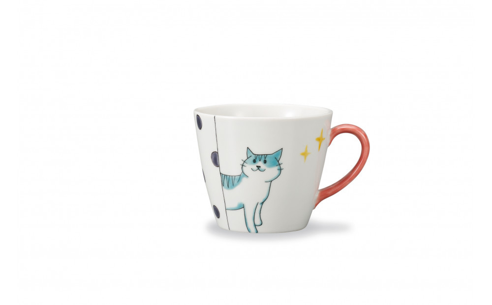 九谷焼　マグカップ　水玉ねこ　岡田絹代作&nbsp;a04&nbsp;工芸品
