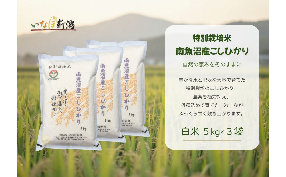 【令和８年産新米予約】&nbsp;南魚沼産コシヒカリ特別栽培米&nbsp;白米&nbsp;15kg(5kg×3)【2026年9月下旬より1ヶ月以内に順次発送予定】