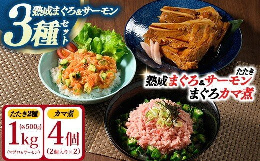 【県水の熟成まぐろ】漁師作りプレミアム、熟成サーモンたたき、まぐろカマ煮詰め合わせセット（まぐろたたき、サーモンたたき各500g×1、まぐろカマ煮2個入り×2）&nbsp;|&nbsp;&nbsp;鮪&nbsp;まぐろ&nbsp;脂&nbsp;たたき&nbsp;まぐろのたたき&nbsp;メバチ&nbsp;キハダ&nbsp;寿司&nbsp;すし&nbsp;海鮮&nbsp;小分け&nbsp;海鮮丼&nbsp;手巻き寿司&nbsp;神奈川&nbsp;相模原&nbsp;※北海道・沖縄・離島への配送不可