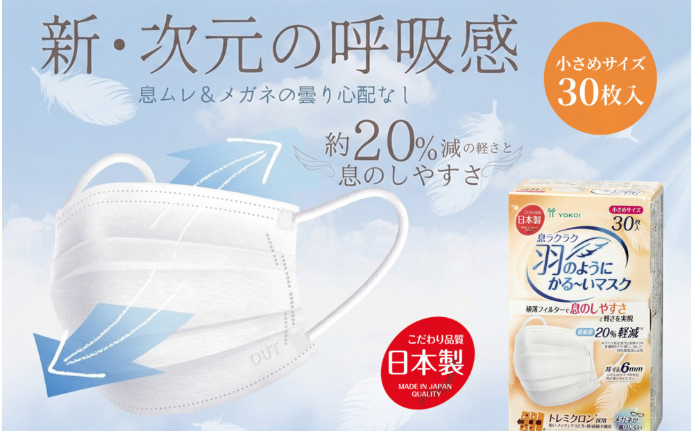 息ラクラク&nbsp;羽のようにかる～いマスク　小さめサイズ　30枚入り×4箱　新・次元の呼吸感　息蒸れ無し　メガネの曇り無し　息がしやすいマスク　不織布　年中過ごしやすい　耳が痛くなりにくい　日本製
