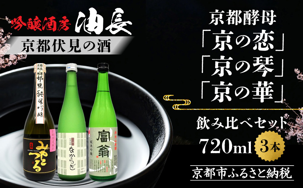 【吟醸酒房&nbsp;油長】京都酵母「京の恋」「京の琴」「京の華」3本飲み比べ｜日本酒&nbsp;純米吟醸&nbsp;人気セット［&nbsp;京都&nbsp;伏見&nbsp;日本酒&nbsp;純米吟醸&nbsp;720ml&nbsp;3本飲み比べ&nbsp;富翁&nbsp;なからぎ&nbsp;みやこつる&nbsp;人気&nbsp;おすすめ&nbsp;お酒&nbsp;地酒&nbsp;ご当地&nbsp;酒蔵&nbsp;酒造&nbsp;ギフト&nbsp;プレゼント&nbsp;贈答&nbsp;お取り寄せ&nbsp;通販&nbsp;送料無料&nbsp;ふるさと納税&nbsp;］