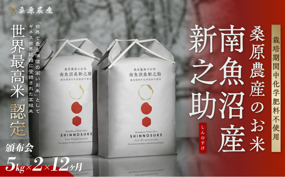 【令和8年産新米予約】【頒布会】ギネス世界記録「世界最高米」認定&nbsp;最高級　南魚沼産新之助5kg×2　12ヵ月&nbsp;　桑原農産のお米(精米)【2026年10月下旬より1ヶ月以内に順次発送予定】