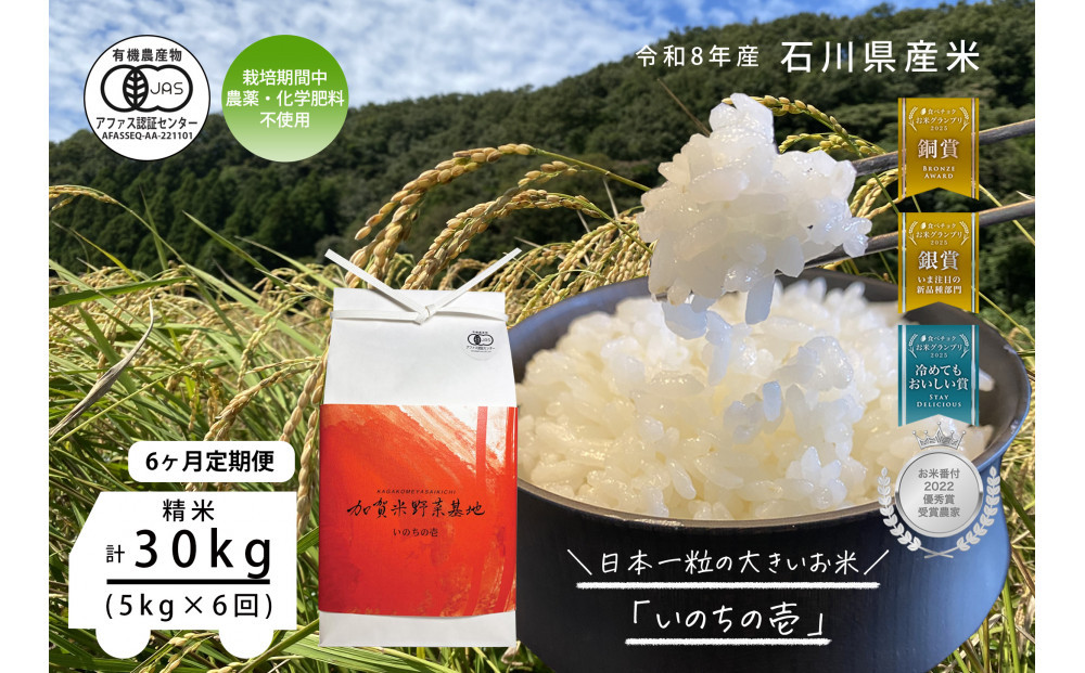 《令和8年産&nbsp;新米&nbsp;先行予約》「6ヶ月定期便」【お米グランプリ3部門受賞】＜有機JAS認証米＞日本一粒の大きいお米『いのちの壱』白米5kg×6回