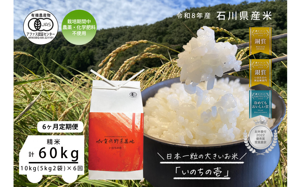 《令和8年産&nbsp;新米&nbsp;先行予約》「6ヶ月定期便」【お米グランプリ3部門受賞】＜有機JAS認証米＞日本一粒の大きいお米『いのちの壱』白米10kg×6回