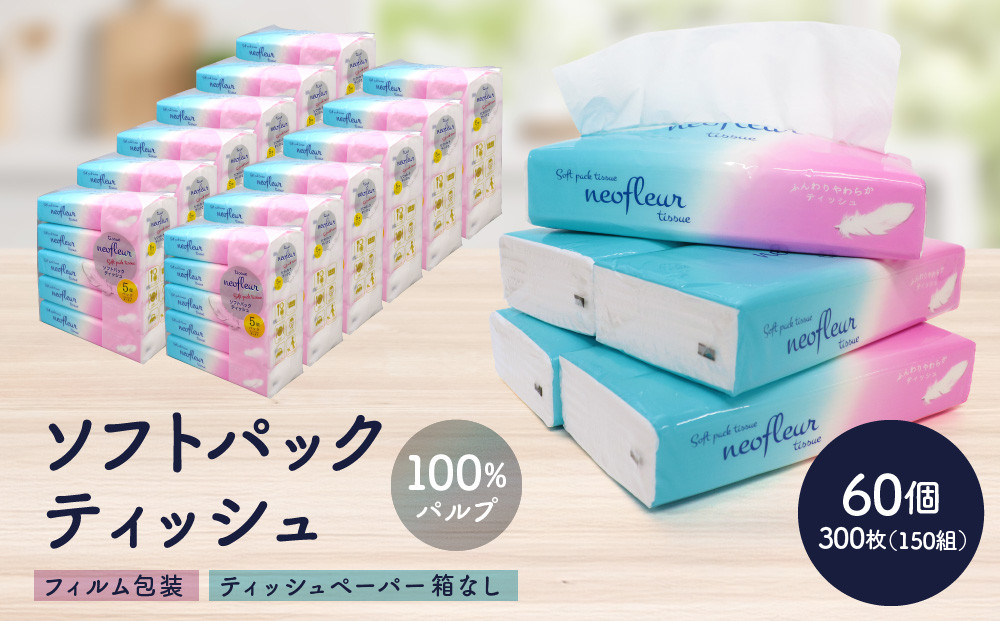 ソフトパックティッシュ　5個パック（コンパクト）×12セット(60個）&nbsp;|&nbsp;箱なし&nbsp;フィルム包装&nbsp;ソフトパック&nbsp;ティッシュ&nbsp;洗面所&nbsp;キッチンまわりで使いやすい&nbsp;持ち運び&nbsp;アウトドア&nbsp;車内&nbsp;コンパクト&nbsp;パッケージ&nbsp;100％パルプ&nbsp;人気&nbsp;おすすめ&nbsp;エコ&nbsp;防災&nbsp;備蓄&nbsp;送料無料&nbsp;愛知県&nbsp;名古屋市