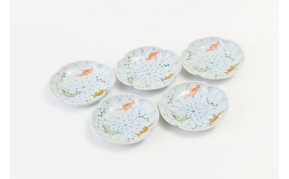 5寸モッコ型皿揃　網魚文（5枚組）