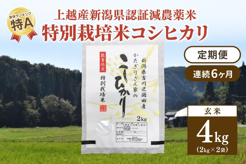 「6カ月連続発送定期便」新潟県認証減農薬米／特別栽培米コシヒカリ 玄米4kg（2kg×2袋）