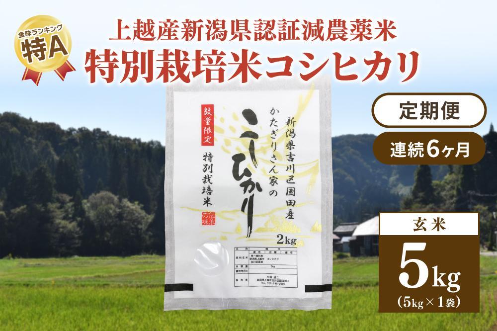 「6カ月連続発送定期便」新潟県認証減農薬米／特別栽培米コシヒカリ 玄米5kg（1袋）