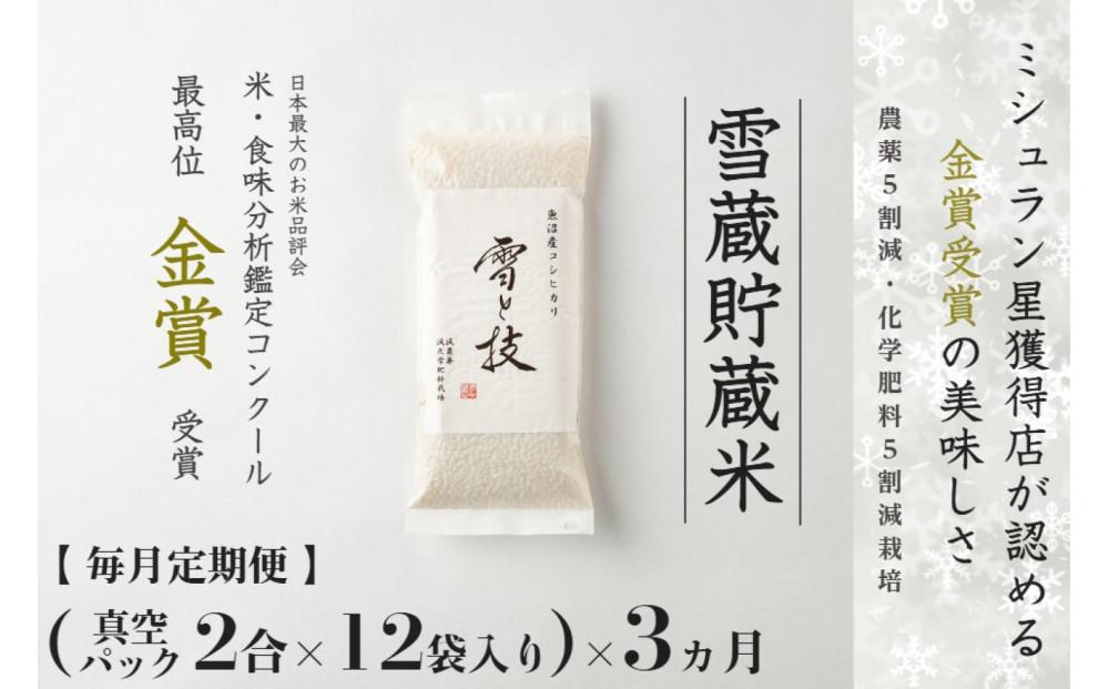 ≪ 令和6年産 新米 ≫【 定期便 】〔 真空パック 2合 ×12袋 〕×3ヵ月《 雪蔵貯蔵米 》 金賞受賞 魚沼産コシヒカリ 雪と技　農薬5割減・化学肥料5割減栽培