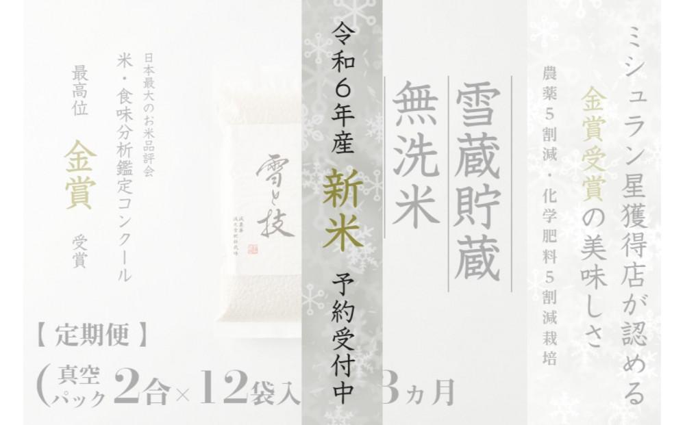 ≪ 令和6年産 新米 先行予約 ≫【定期便】〔 真空パック 2合 ×12袋 〕×3ヵ月《 雪蔵貯蔵 無洗米 》 金賞受賞 魚沼産コシヒカリ 雪と技  農薬5割減・化学肥料5割減栽培