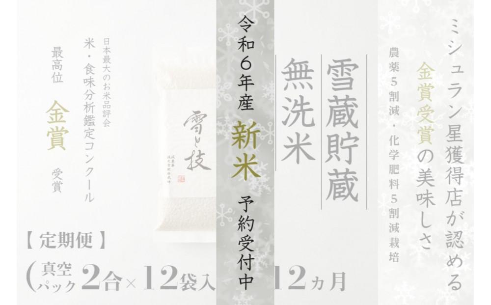 ≪ 令和6年産 新米 先行予約 ≫【定期便】〔 真空パック 2合 ×12袋 〕×12ヵ月《 雪蔵貯蔵 無洗米 》 金賞受賞 魚沼産コシヒカリ 雪と技  農薬5割減・化学肥料5割減栽培