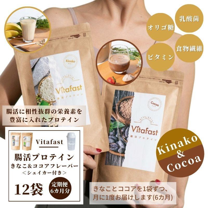 【定期便6ヶ月連続】Vitafast 乳酸菌プロテイン きなこ&ココア味 各1袋×6ヶ月  計12袋 シェイカー1個付き