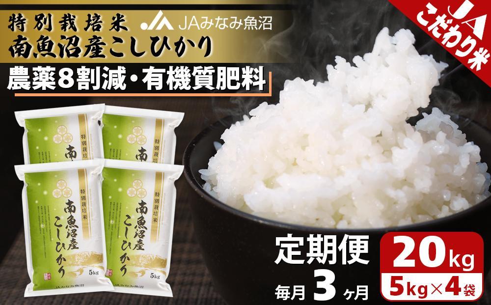 【JAみなみ魚沼定期便】特別栽培米南魚沼産こしひかり8割減（20kg×全3回）精米&nbsp;農薬8割削減&nbsp;有機肥料&nbsp;精米HACCP認定工場&nbsp;特A獲得日本一産地&nbsp;高品質精米&nbsp;もっちり甘い&nbsp;南魚沼産コシヒカリ