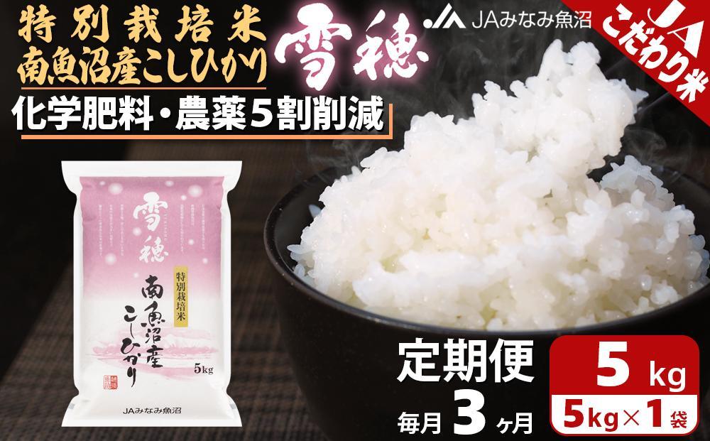 【JAみなみ魚沼定期便】特別栽培米南魚沼産こしひかり「雪穂」（5kg×全3回）精米 農薬5割削減 精米HACCP認定工場 特A獲得日本一産地 高品質精米 もっちり甘い 南魚沼産コシヒカリ