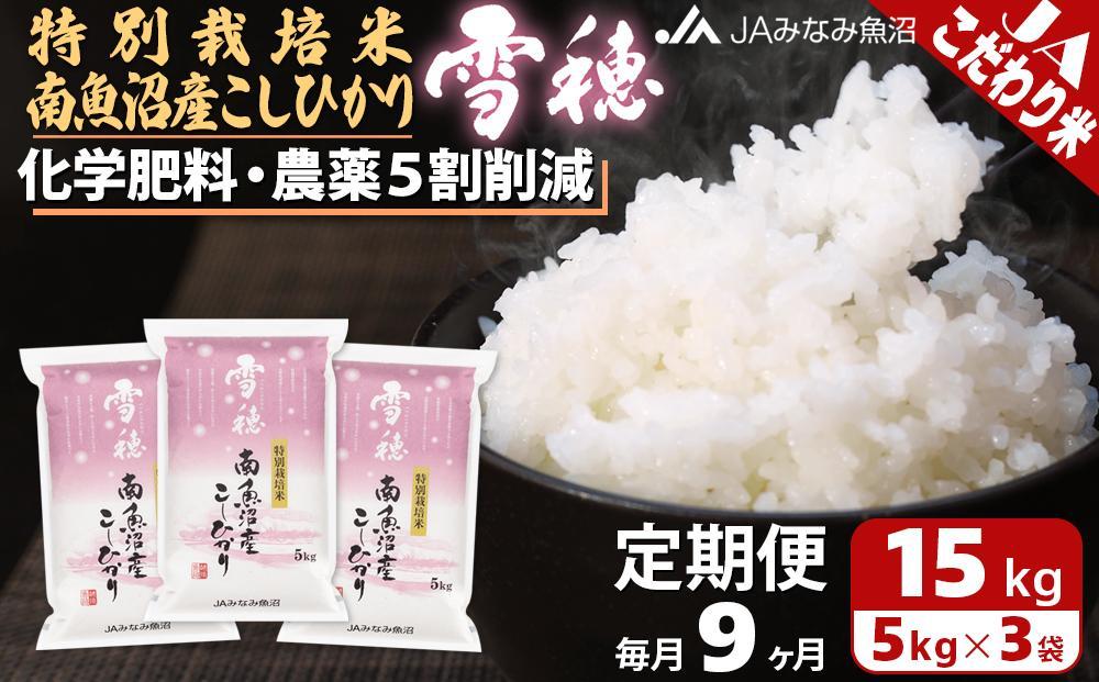 【JAみなみ魚沼定期便】特別栽培米南魚沼産こしひかり「雪穂」（15kg×全9回）精米&nbsp;農薬5割削減&nbsp;精米HACCP認定工場&nbsp;特A獲得日本一産地&nbsp;高品質精米&nbsp;もっちり甘い&nbsp;南魚沼産コシヒカリ