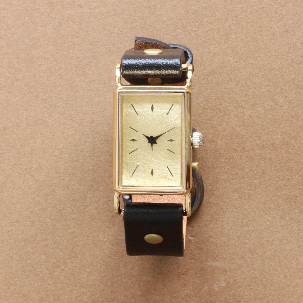 クールなスクエア腕時計 ゴールドカラー ハンドメイドウォッチ　ベルトカラー：黒　WB088金-黒