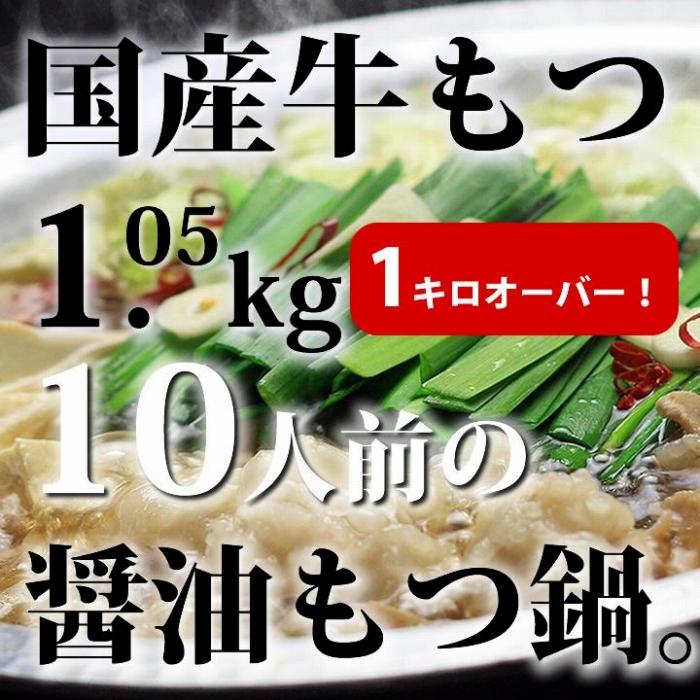 国産牛もつ1kgオーバー！和風醤油もつ鍋 メガ盛り10人前[牛もつ1.05kg／和風醤油スープ付]【もつ鍋 もつなべ 鍋 なべ もつ 鍋セット 鍋料理 牛もつ ホルモン ほるもん ホルモン鍋 冷凍 国産 人気 福岡 土産 九州 博多 ご当地 送料無料 福岡県 大任町 AP026】