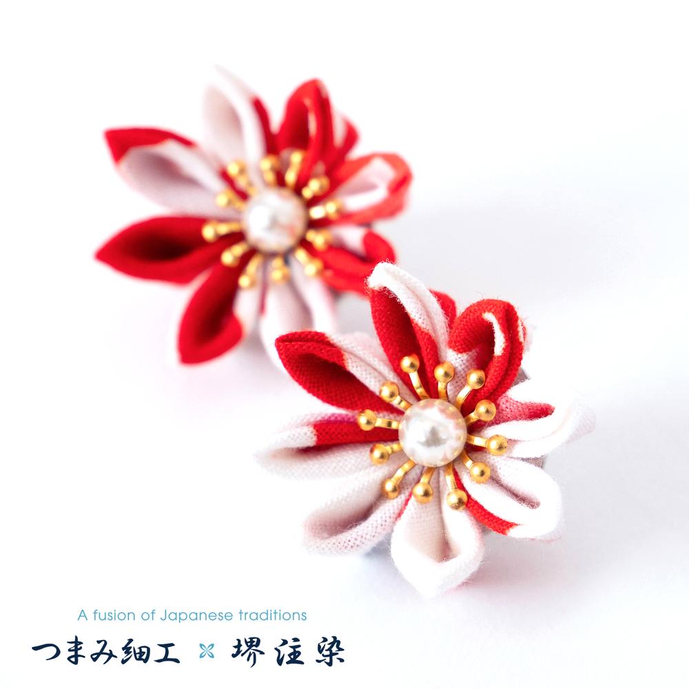 花舞うイヤリング「つまみ細工×堺注染」（赤）