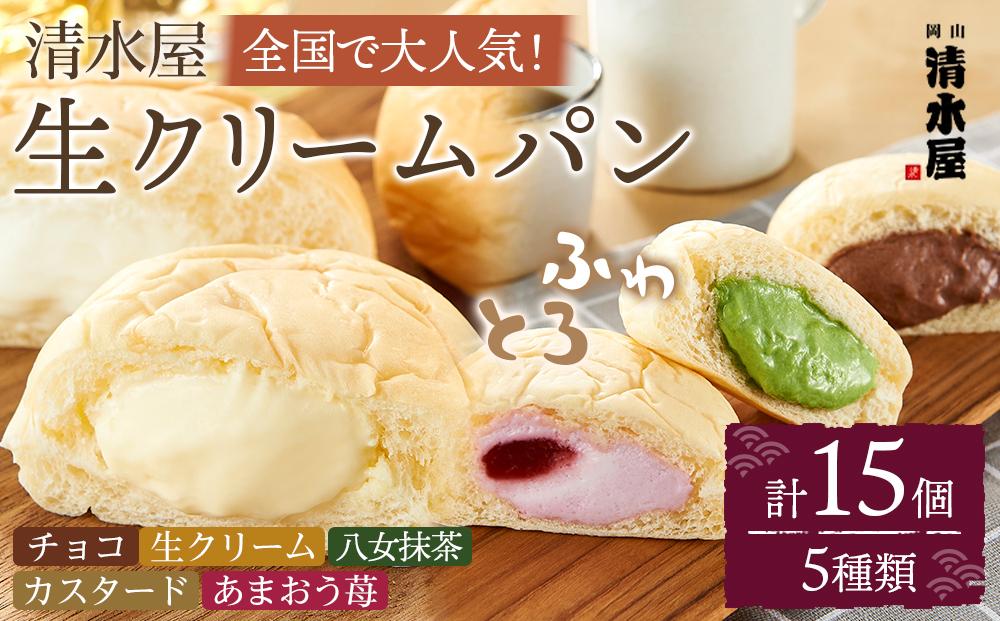 ＜究極のふわとろ食感＞清水屋 生クリームパン 15個 5種（カスタード・生クリーム・チョコ・あまおう苺・八女抹茶）