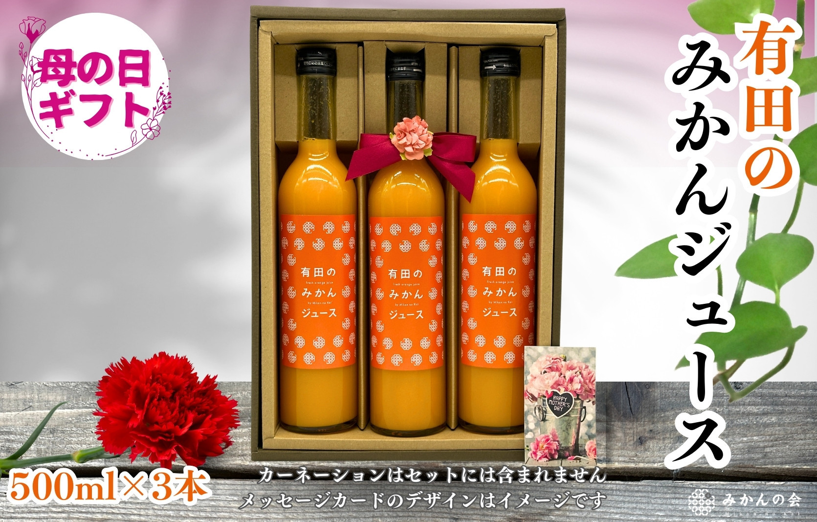 【母の日ギフト】みかんジュース&nbsp;(500ml&nbsp;×&nbsp;3本)&nbsp;和歌山産&nbsp;有田みかん使用&nbsp;果汁100％&nbsp;ストレート&nbsp;【みかんの会】