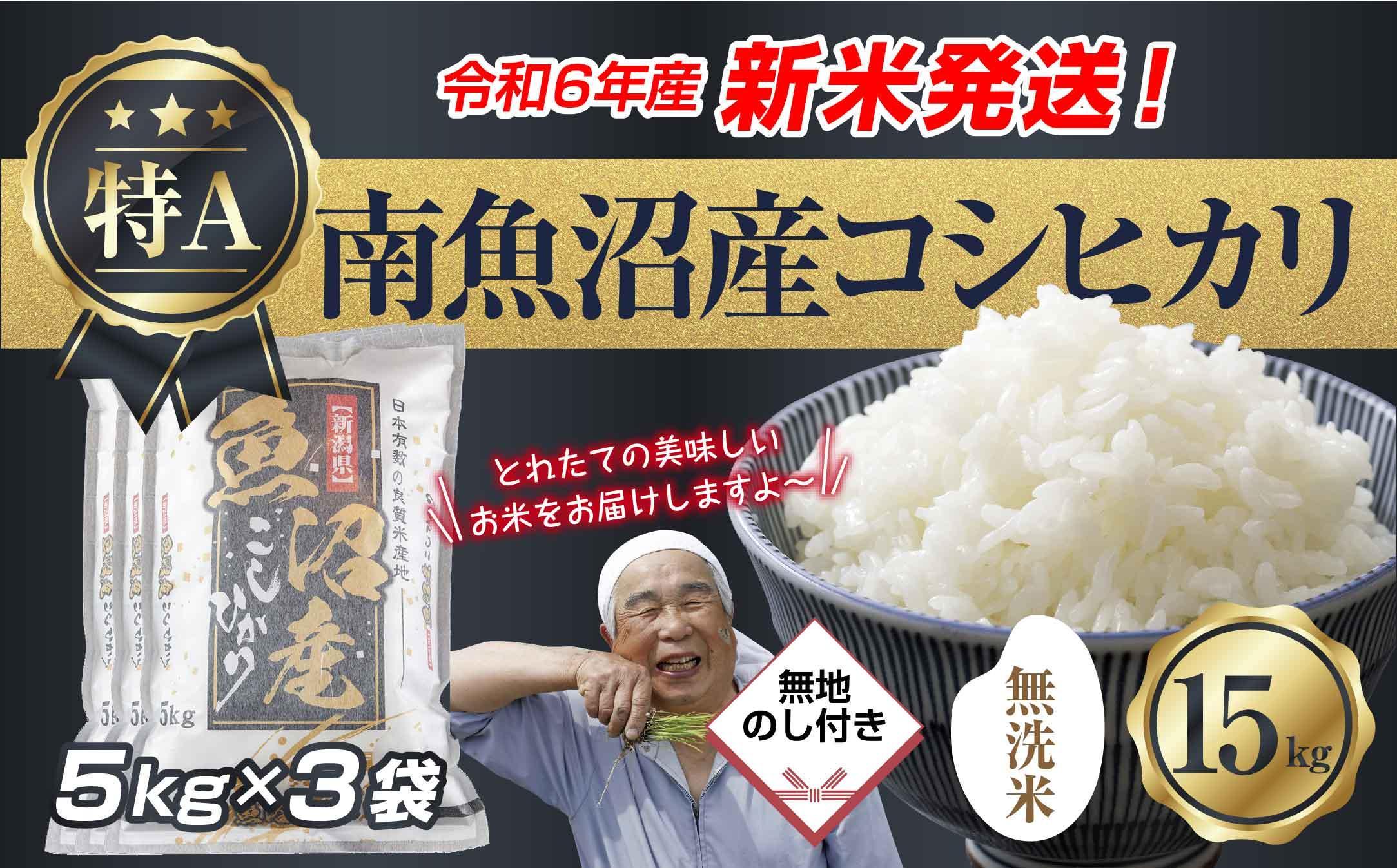 【新米発送】無地のし 「無洗米」  令和6年産 新潟県 南魚沼産 コシヒカリ お米 5kg×3袋 計 15kg 精米済み（お米の美味しい炊き方ガイド付き） お米 こめ 白米 新米 こしひかり 魚沼 南魚沼 南魚沼市 新潟県産  産地直送