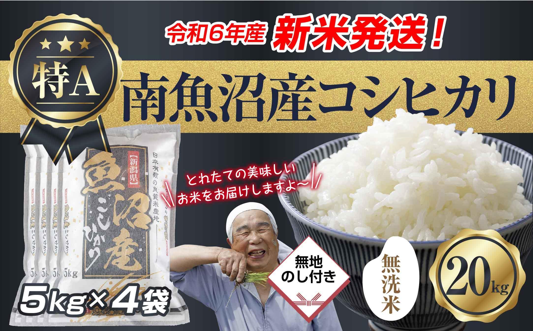 【新米発送】無地のし 「無洗米」 令和6年産 新潟県 南魚沼産 コシヒカリ お米 5kg×4袋 計 20kg 精米済み（お米の美味しい炊き方ガイド付き） お米 こめ 白米 新米 こしひかり 魚沼 南魚沼 南魚沼市 新潟県産 新潟県 産地直送