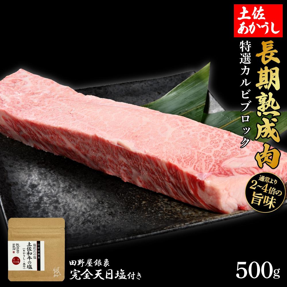 熟成肉　土佐あかうし　特選カルビブロック　約500g　田野屋銀象完全天日塩付き【ポイント交換専用】