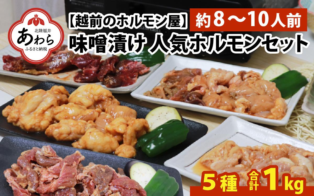 越前ホルモン屋 味噌漬け 人気ホルモンセット（計1kg）約8～10人前 ／ 味付け肉 豚肉 牛肉 小分け タレ漬け 焼肉 バーベキュー 冷凍 人気 キャンプ飯 BBQ 焼くだけ 時短調理