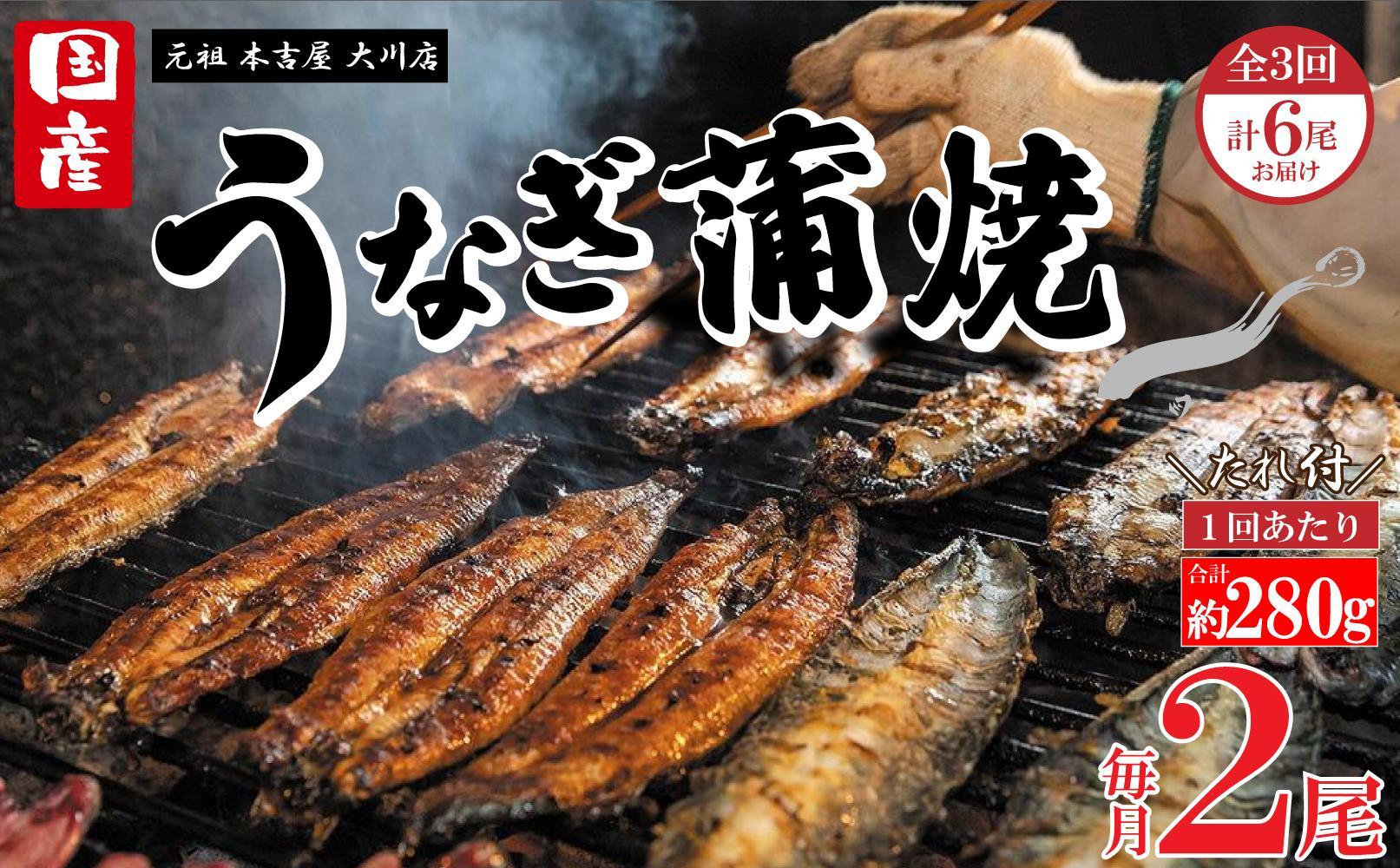 【全3回定期便】元祖 本吉屋 大川店 老舗のうなぎ蒲焼き 2尾 × 3回 (合計6尾)