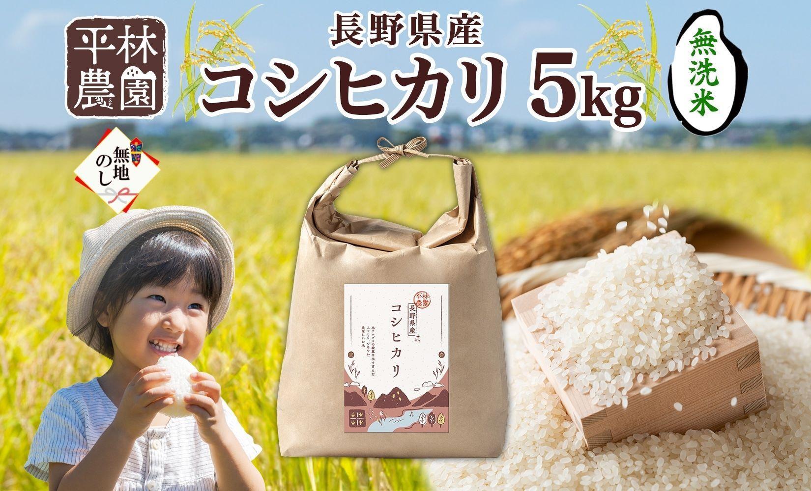 無地熨斗 令和6年産 コシヒカリ 無洗米 5kg×1袋 長野県産 米 白米 精米 お米 ごはん 甘み 産直 信州 人気 ギフト 時短 平林農園 熨斗 のし 名入れ不可 送料無料 長野県 大町市