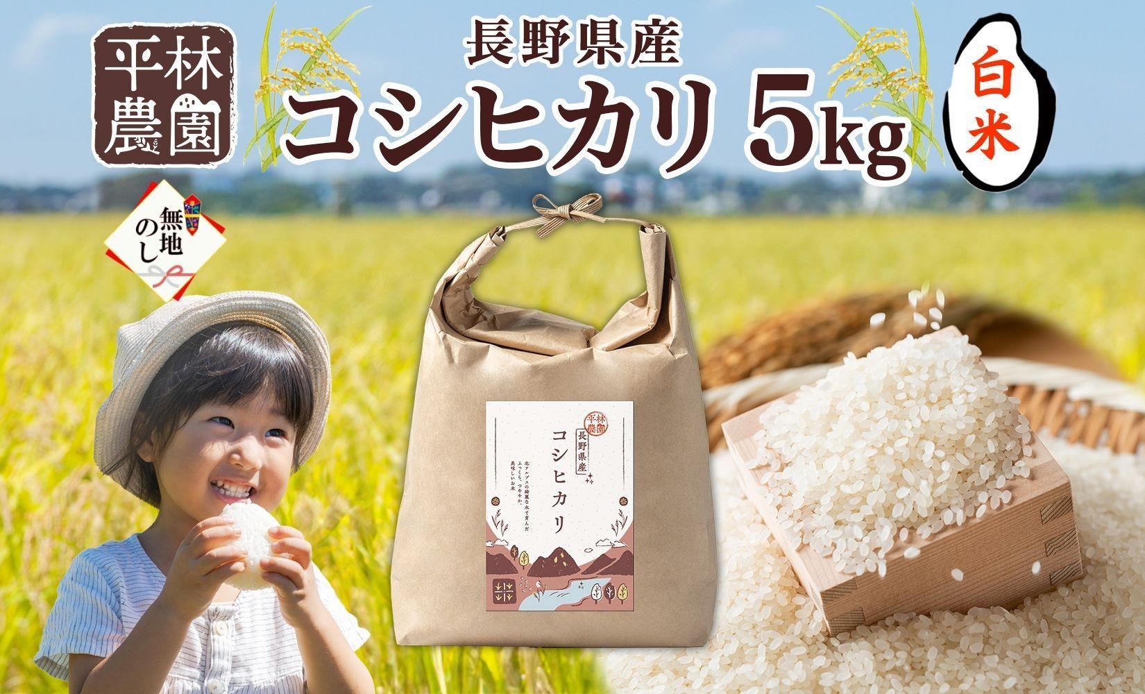 無地熨斗 令和6年産 コシヒカリ 白米 5kg×1袋 長野県産 米 精米 お米 ごはん ライス 甘み 農家直送 産直 信州 人気 ギフト 平林農園 送料無料 熨斗 のし 名入れ不可 長野県 大町市