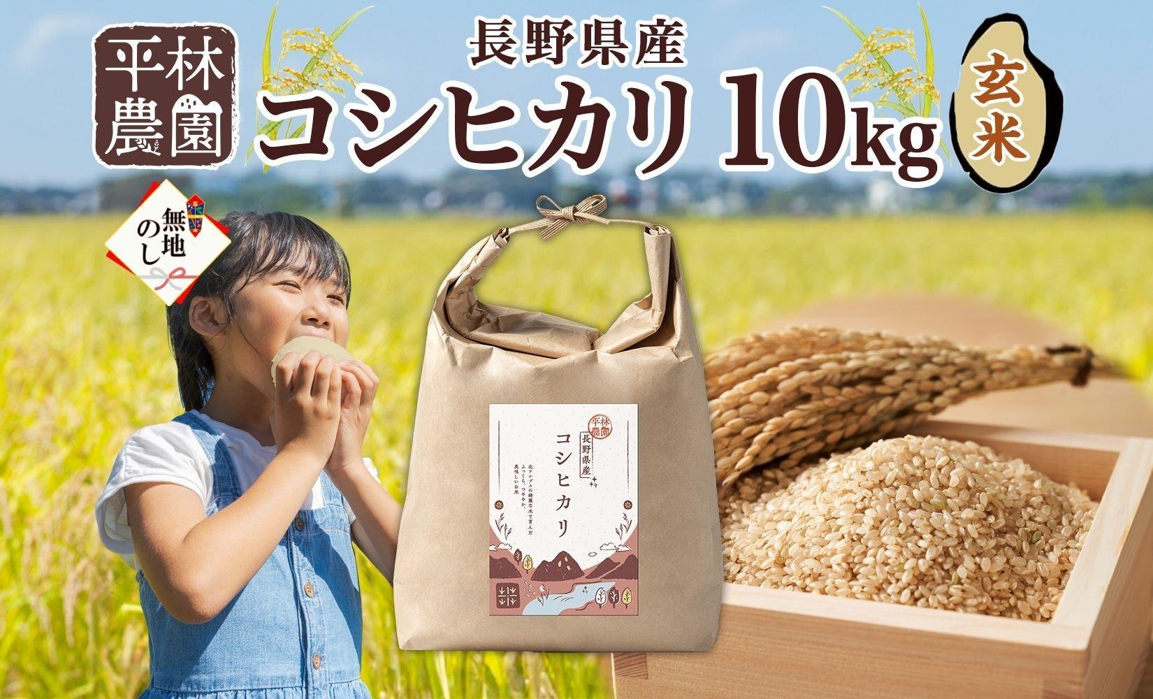 無地熨斗 令和6年産 コシヒカリ 玄米 10kg×1袋 長野県産 米 お米 ごはん ライス 低GI 甘み 農家直送 産直 信州 人気 ギフト 平林農園 熨斗 のし 名入れ不可 送料無料 長野県 大町市