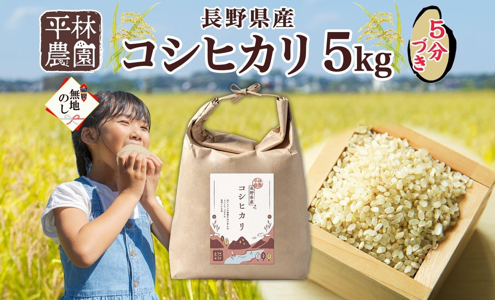 無地熨斗 令和6年産 コシヒカリ 5分づき米 5kg×1袋 長野県産 米 お米 ごはん ライス 分つき米 農家直送 産直 信州 人気 ギフト 平林農園 熨斗 のし 名入れ不可 送料無料 長野県 大町市