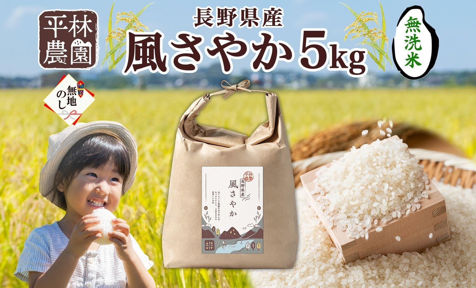 無地熨斗 令和6年産 風さやか 無洗米 5kg×1袋 長野県産 米 白米 精米 お米 ごはん ライス 甘み 産直 信州 人気 ギフト 時短 平林農園 熨斗 のし 名入れ不可 送料無料 長野県 大町市