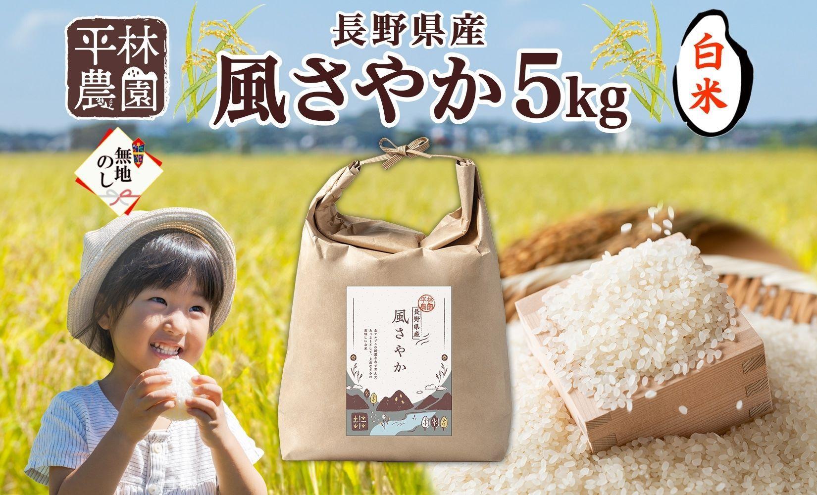 無地熨斗 令和6年産 風さやか 白米 5kg×1袋 長野県産 米 精米 お米 ごはん ライス 甘み 産直 信州 人気 ギフト 平林農園 熨斗 のし 名入れ不可 送料無料 長野県 大町市