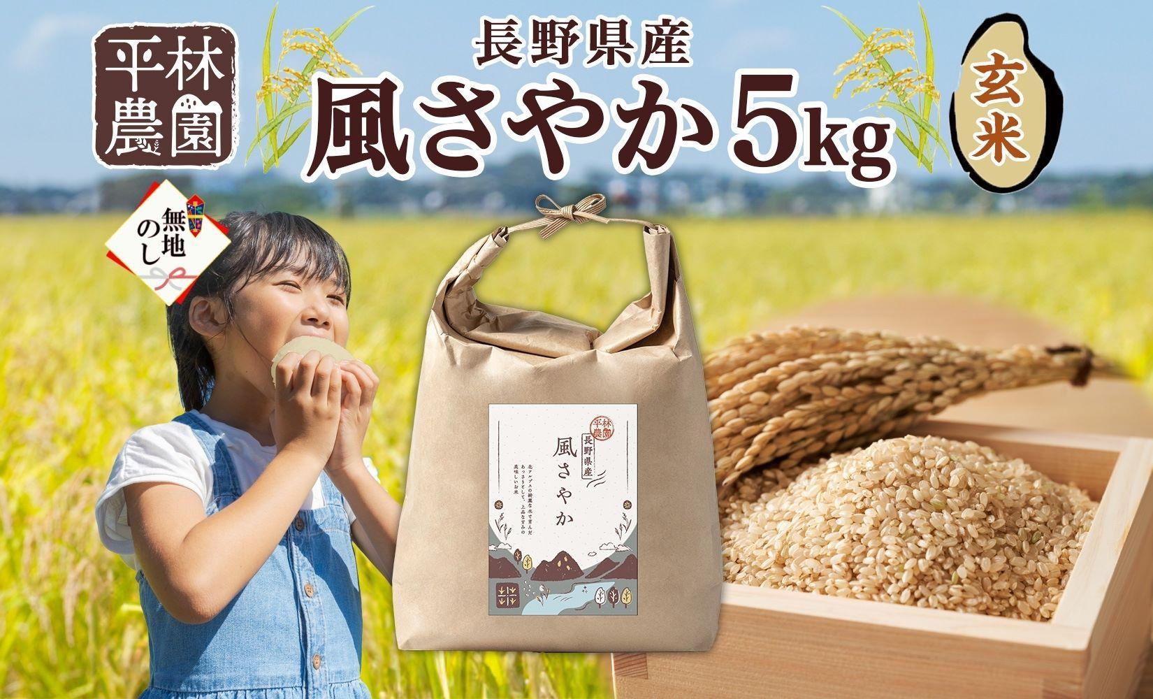 無地熨斗 令和6年産 風さやか 玄米 5kg×1袋 長野県産 米 お米 ごはん ライス 低GI 甘み 農家直送 産直 信州 人気 ギフト 平林農園 熨斗 のし 名入れ不可 送料無料 長野県 大町市