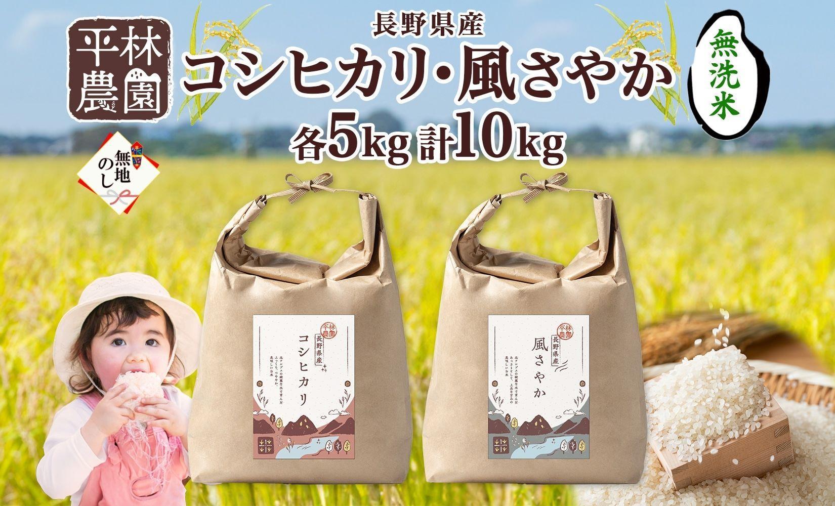 無地熨斗 令和6年産 コシヒカリ 風さやか 無洗米 各5kg 長野県産 米 白米 精米 お米 ごはん 甘み 産直 信州 人気 ギフト 時短 平林農園 熨斗 のし 名入れ不可 送料無料 長野県 大町市