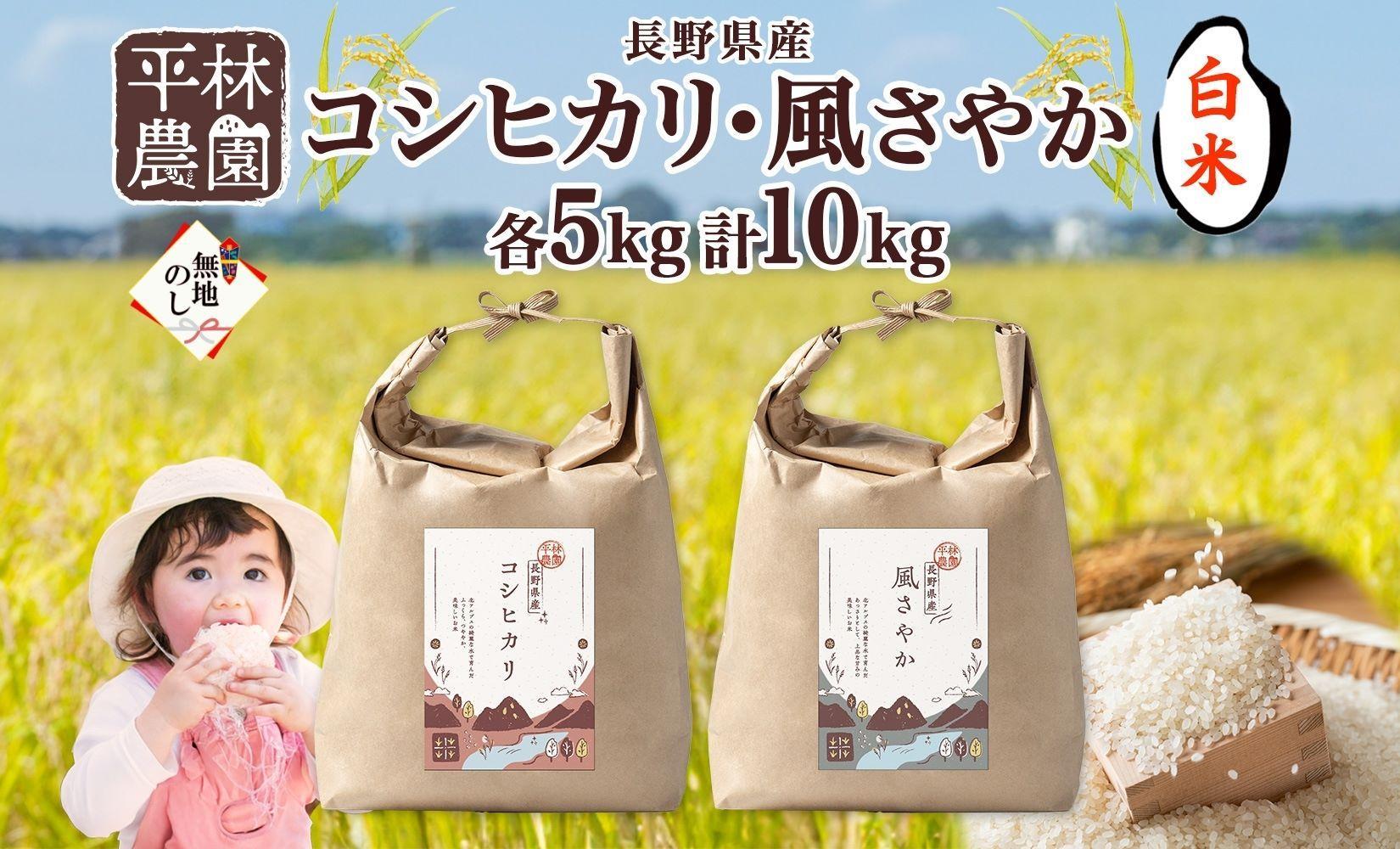 無地熨斗 令和6年産 コシヒカリ 風さやか 白米 各5kg 長野県産 米 精米 お米 ごはん ライス 甘み 産直 信州 人気 ギフト 平林農園 熨斗 のし 名入れ不可 送料無料 長野県 大町市