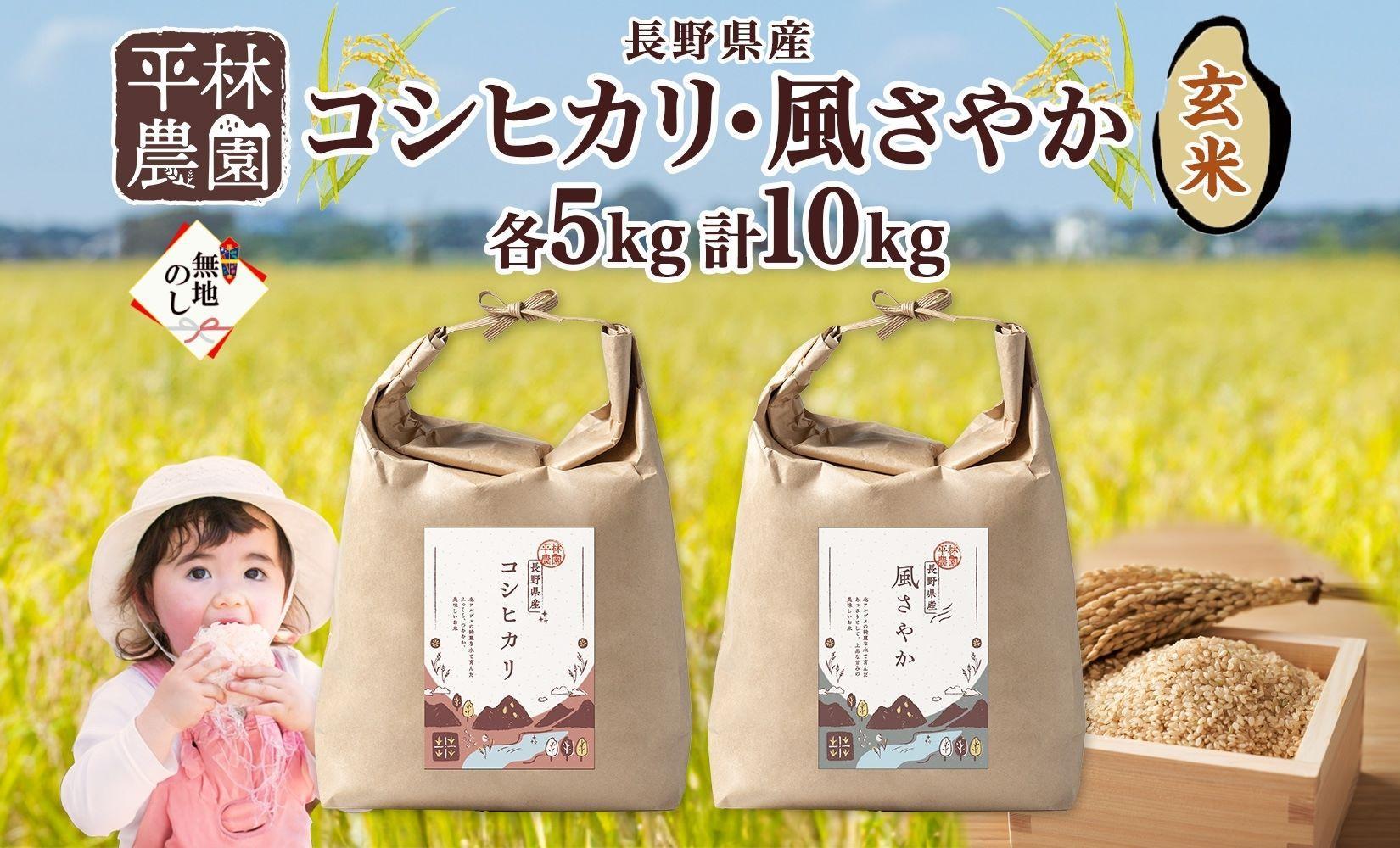 無地熨斗 令和6年産 コシヒカリ 風さやか 玄米 各5kg 長野県産 米 お米 ごはん ライス 低GI 甘み 産直 信州 人気 ギフト 平林農園 熨斗 のし 名入れ不可 送料無料 長野県 大町市