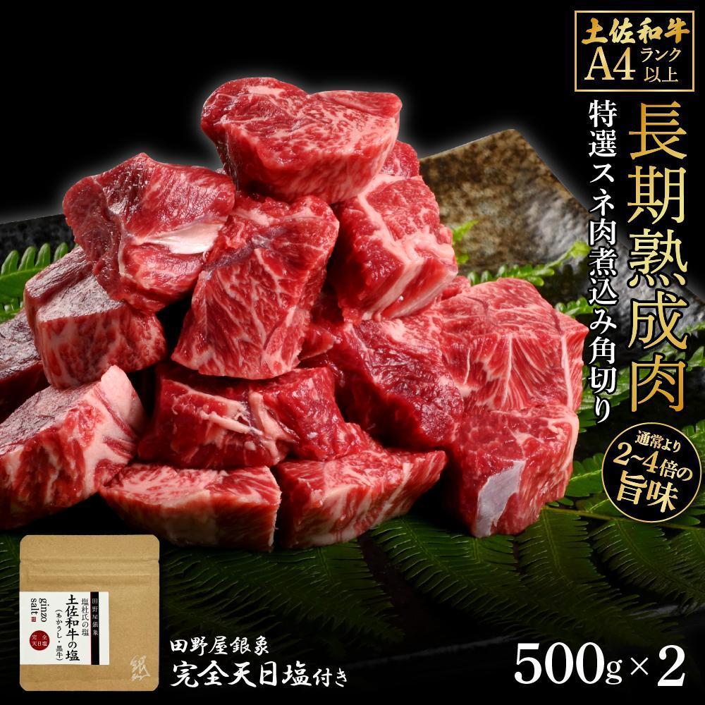 熟成肉　土佐和牛　特選スネ肉煮込み角切り　約1kg（約500g×2）　田野屋銀象完全天日塩付き【ポイント交換専用】