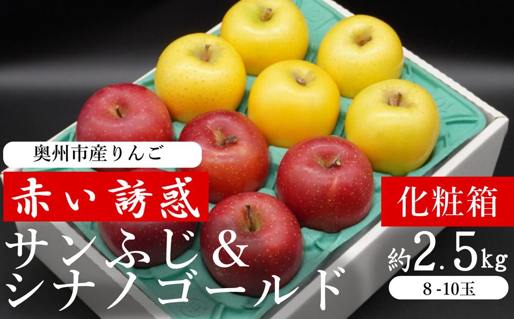 奥州市産りんご　赤い誘惑「サンふじ＆シナノゴールド」化粧箱約2.5kg　８－10玉 贈答用  JA岩手ふるさと