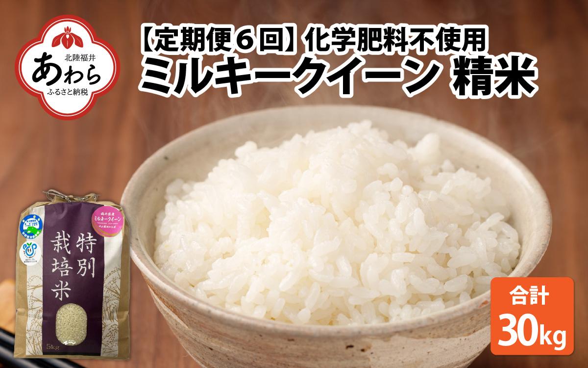 【令和6年産】【定期便6回】 化学肥料不使用ミルキークイーン 精米5kg×6回（計30kg） / 白米 米 福井県産 美味しい 特別栽培米 旨味 甘み もっちり エコファーマー 冷蔵保管米 新米