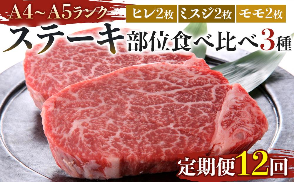 【定期便12回】博多和牛【A4～A5】ステーキ部位食べ比べ3種（ヒレ150g×2枚、ミスジ100ｇ×2枚、モモ100ｇ×2枚）計700ｇ