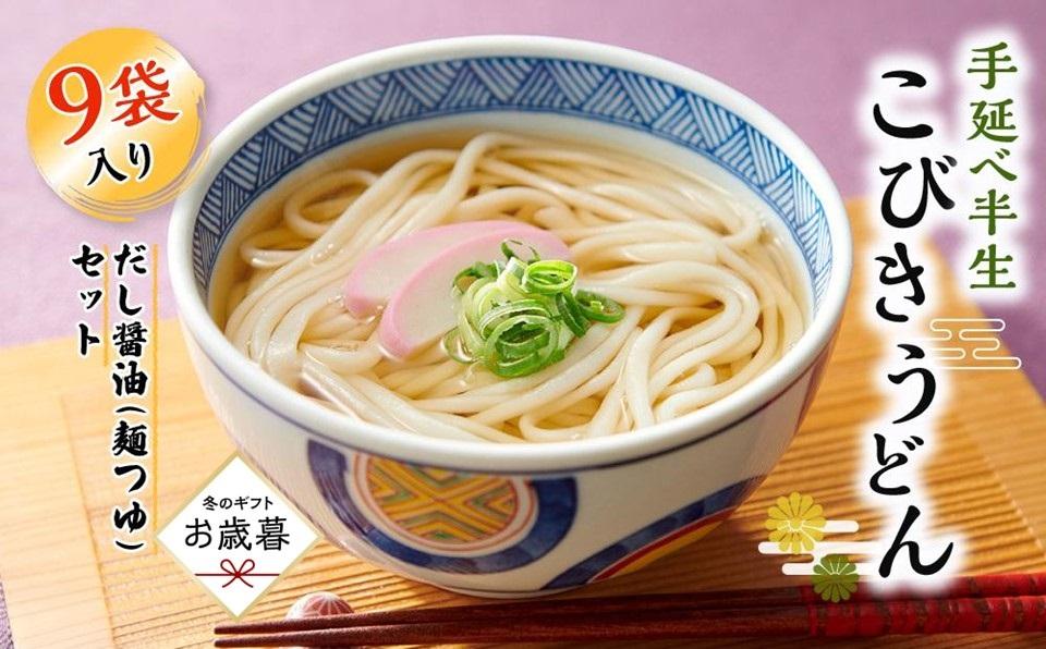 【お歳暮ギフト】手延べ半生こびきうどん 9袋入り だし醤油(麺つゆ)セット